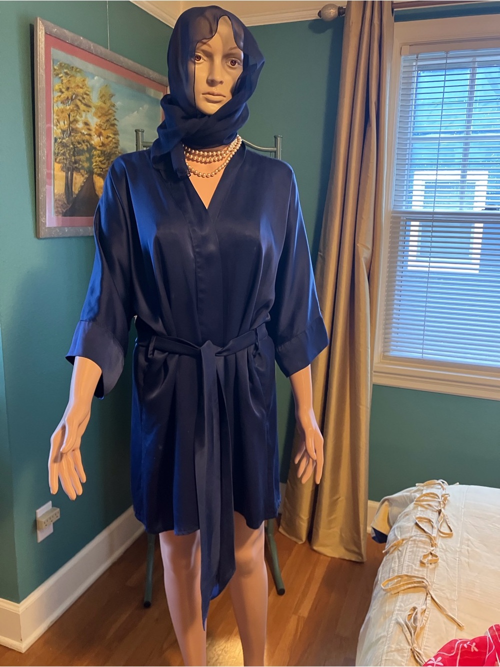 Silk Satin Navy Robe with Belt - Women Intimates & Sleepwear